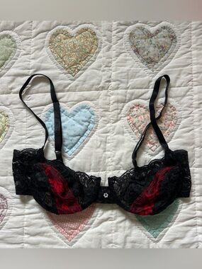 Christian Dior Black Lace Red Floral Satin Vintage Bra Made in the USA 36 C